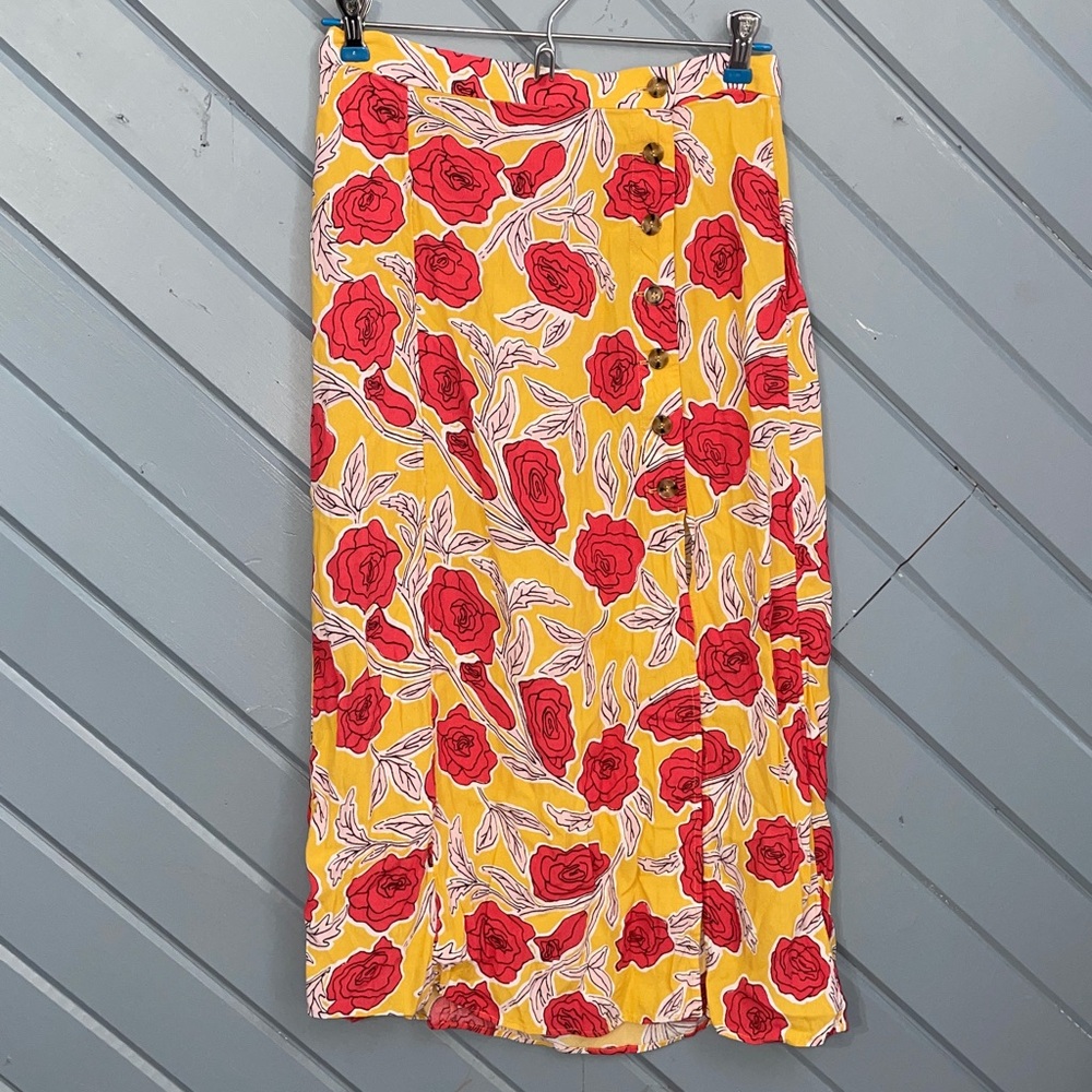 & Other Stories Asymmetrical Button Floral Yellow Pink Midi Skirt